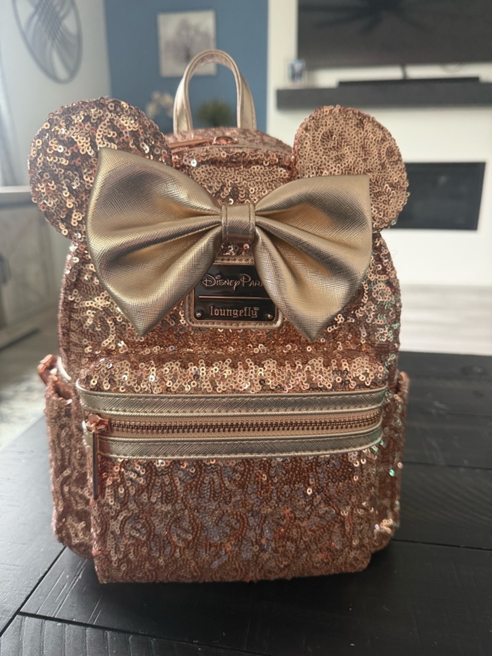 NWT Disney Parks Loungefly Rose Gold Sequin Mini Backpack with Bow